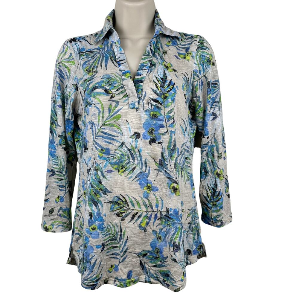 David Cline Knit Blouse Top Tropical Print 3/4 Sleeve Collared Polo Small Travel